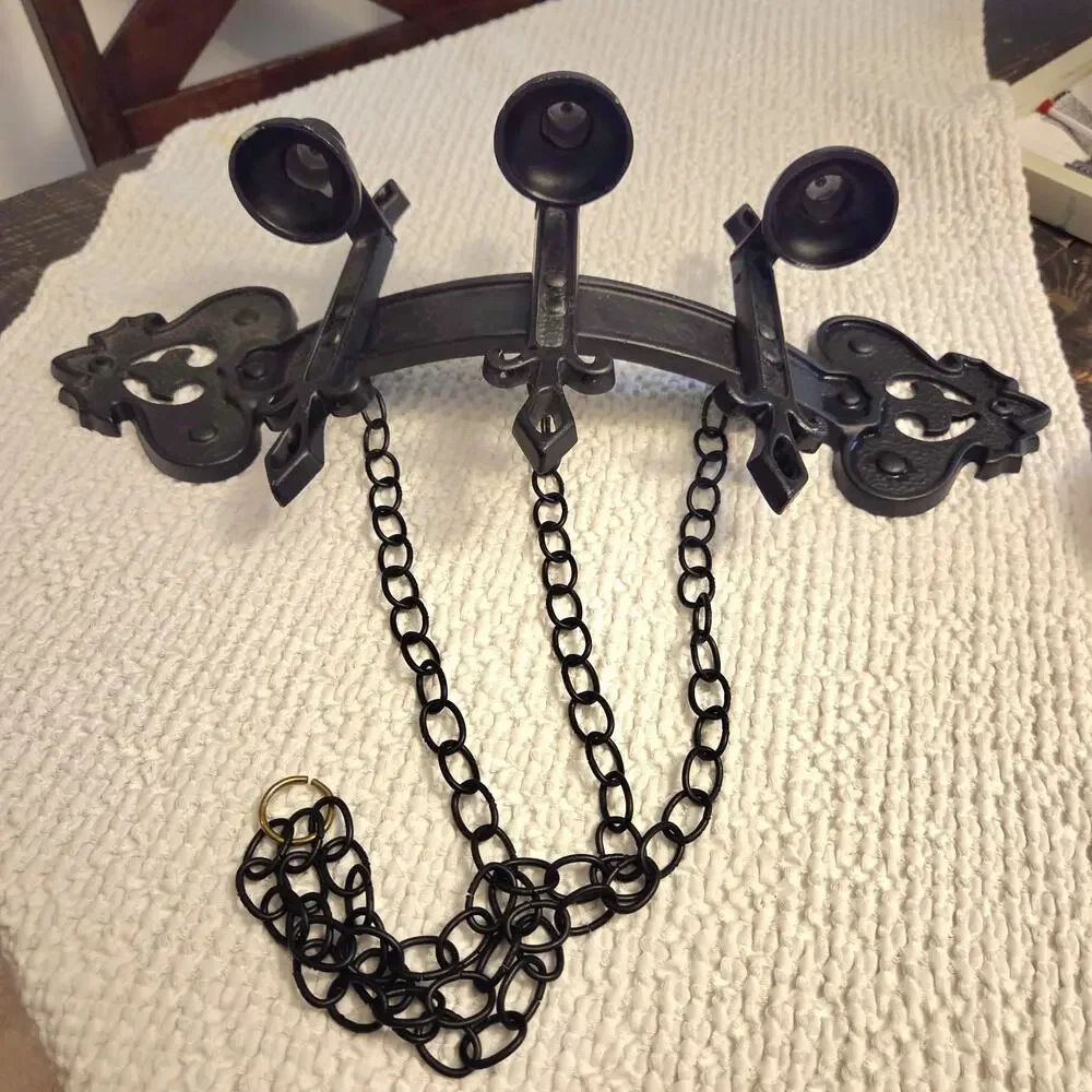 Gothic Wall Sconce 1960s 3 Candle Holders Chains Heavy Black Cast Metal